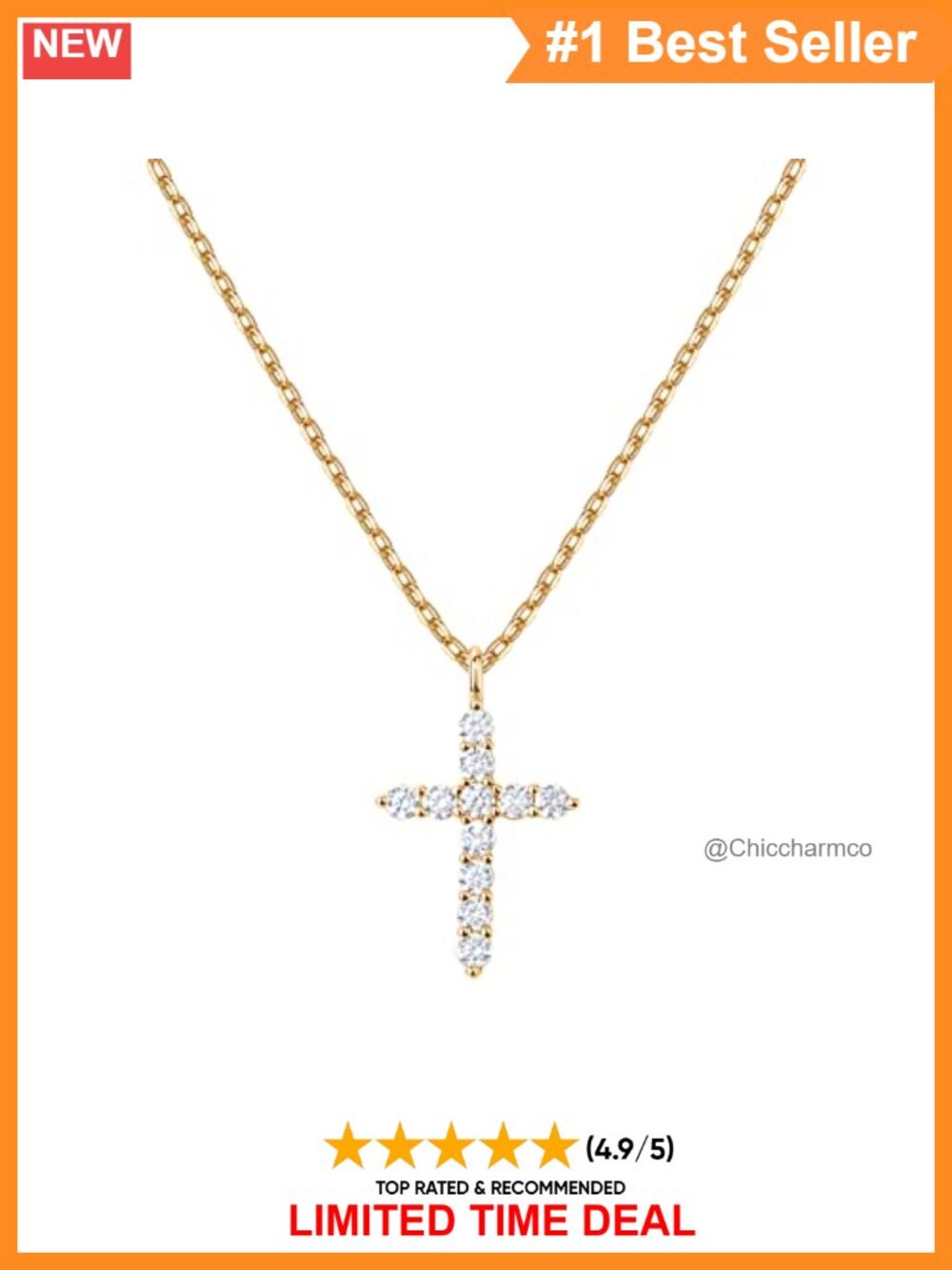 14K Gold Plated Cubic Zirconia Cross Pendant Necklace 19 In